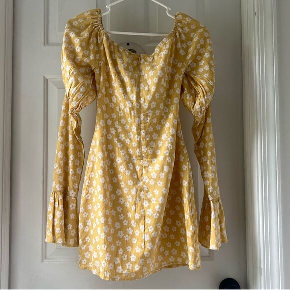 SABO SKIRT Sidney Mini Dress Yellow White Floral Print Long Flared Sleeve XS - Picture 5 of 7